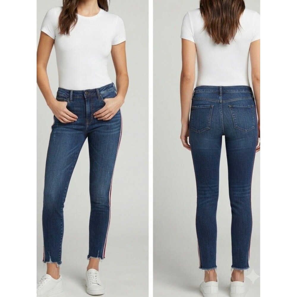 Vervet Medium Wash Skinny Jeans Women's Size 27 Red White Side Stripe Raw Hem